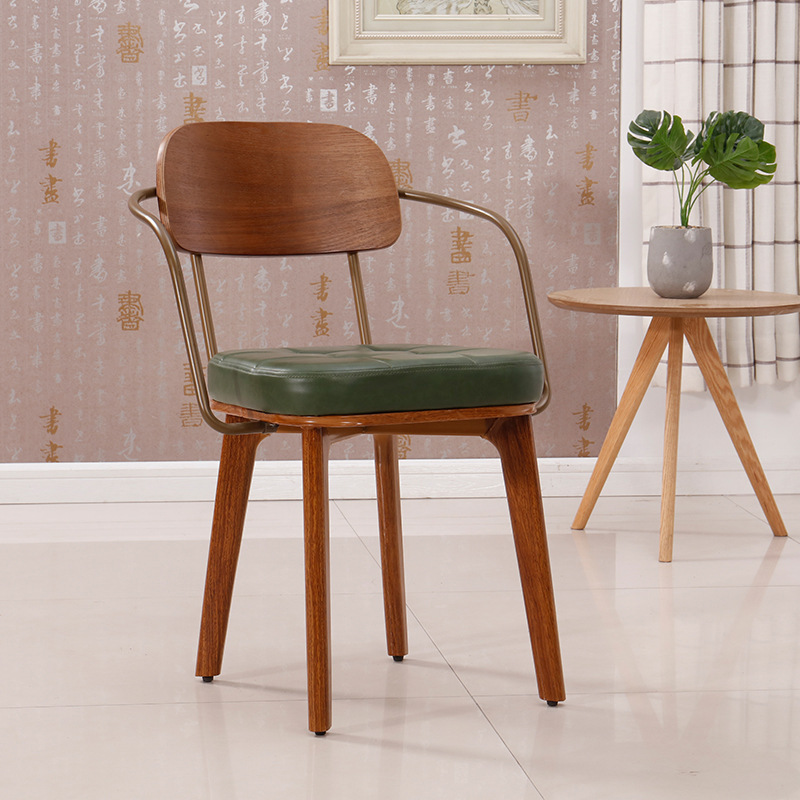 Green wooden backrest with armrests imitation wood grain iron legs