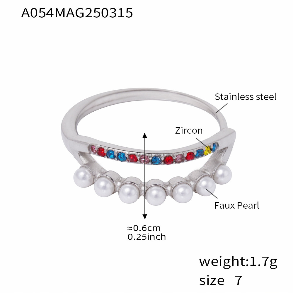 A054-Steel Bead Mixed Color Zircon Ring