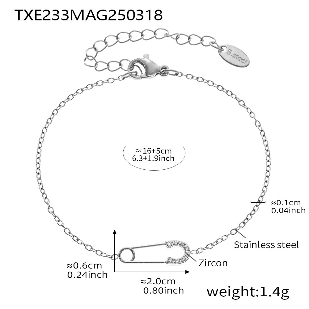 4:TXE233-steel color paper clip zircon bracelet 16 5cm