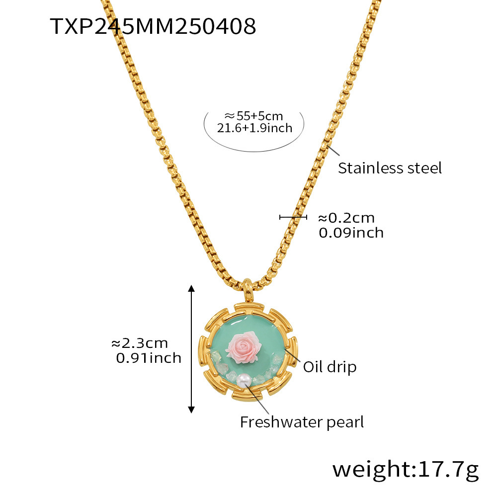 4:Txp245-pink rose enamel necklace 55 5cm