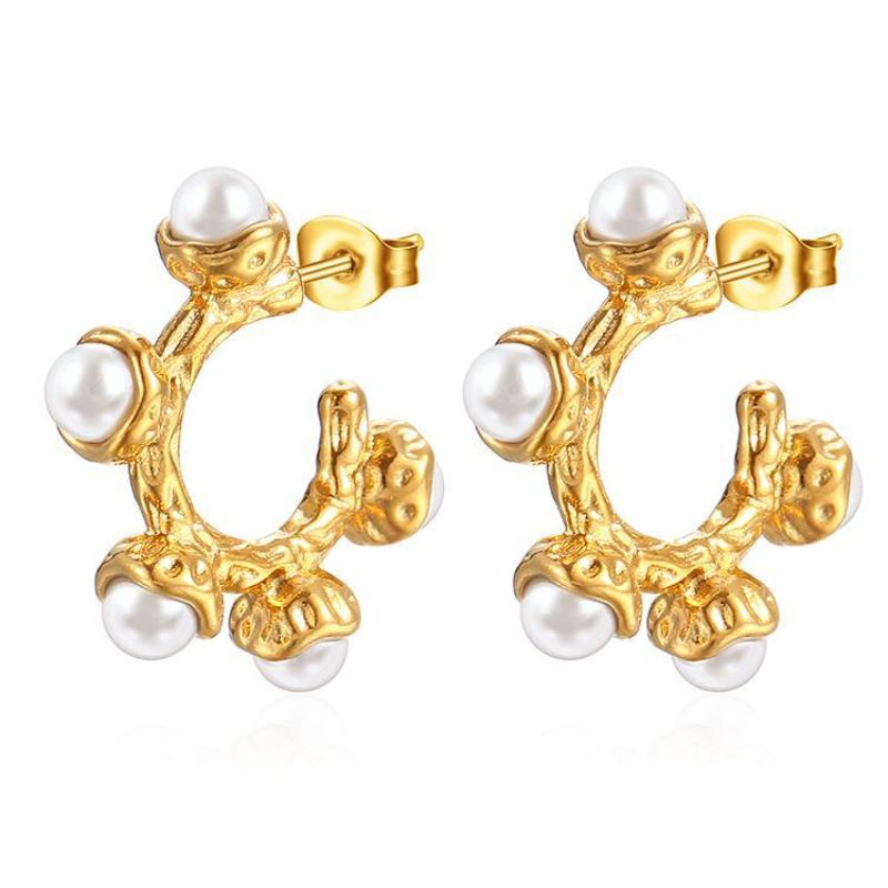 1:Pearl C- shaped inlaid pearl earrings gold