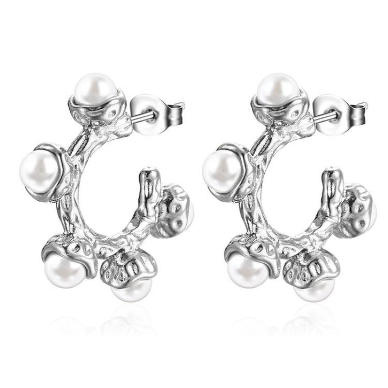 2:Pearl C- shaped inlaid pearl earrings steel color