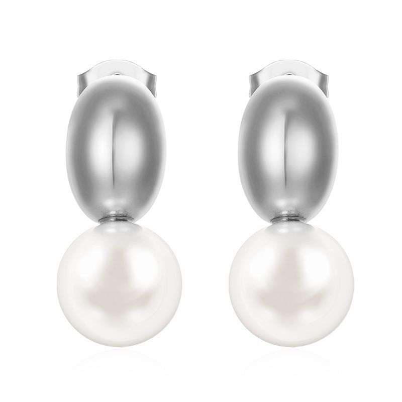 The pearl bean ear studs are of steel color