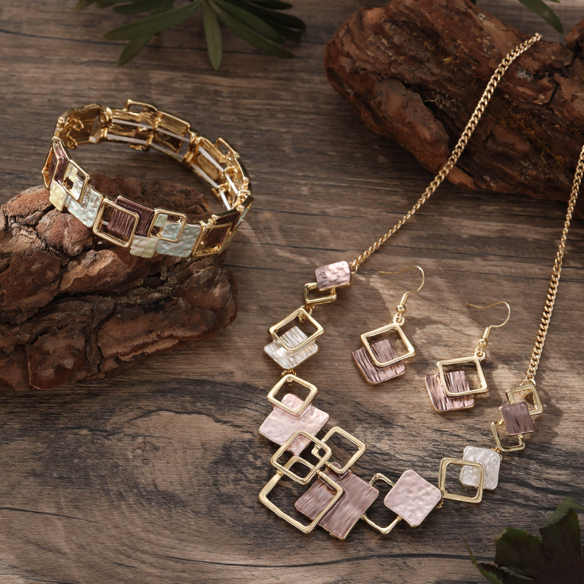 3:brown geometric square necklace earrings bracelet suit