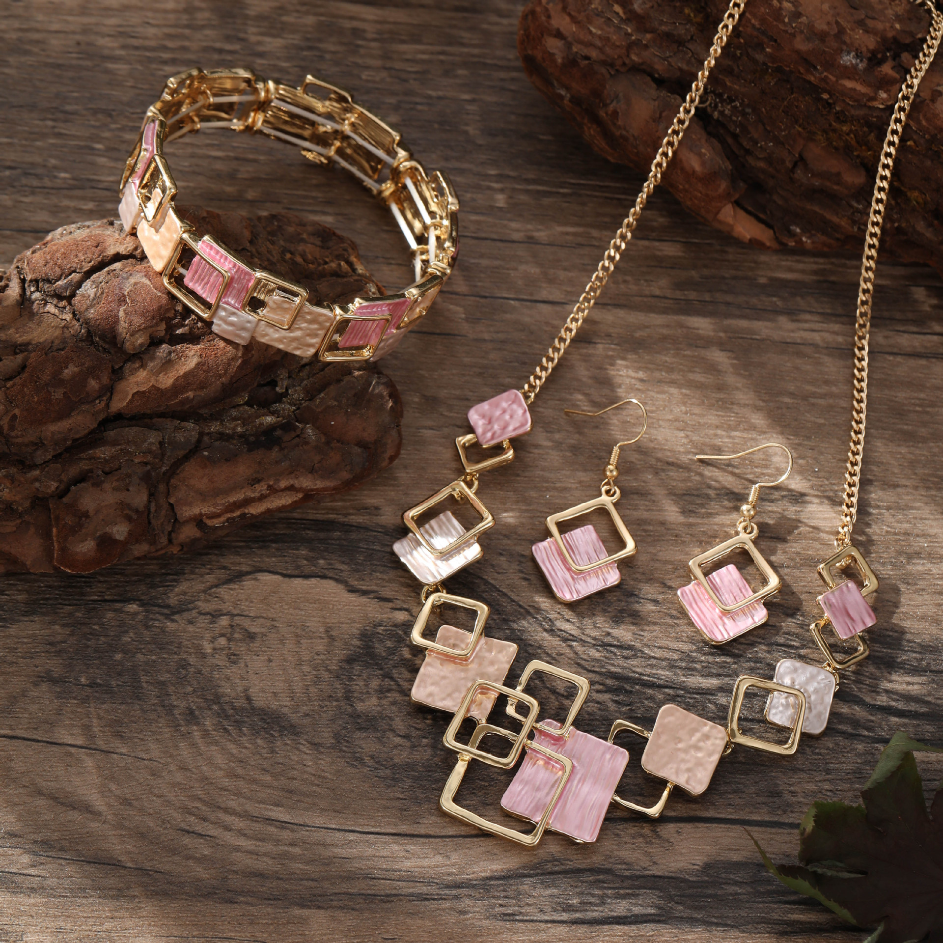 4:Pink geometric square necklace earrings bracelet suit