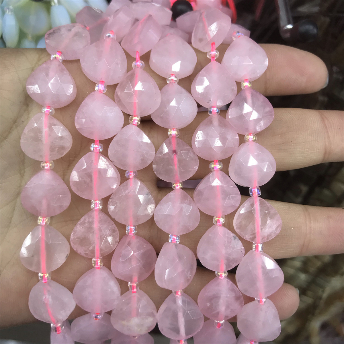 15-pink quartz 12mm fat triangle, about 12 pieces