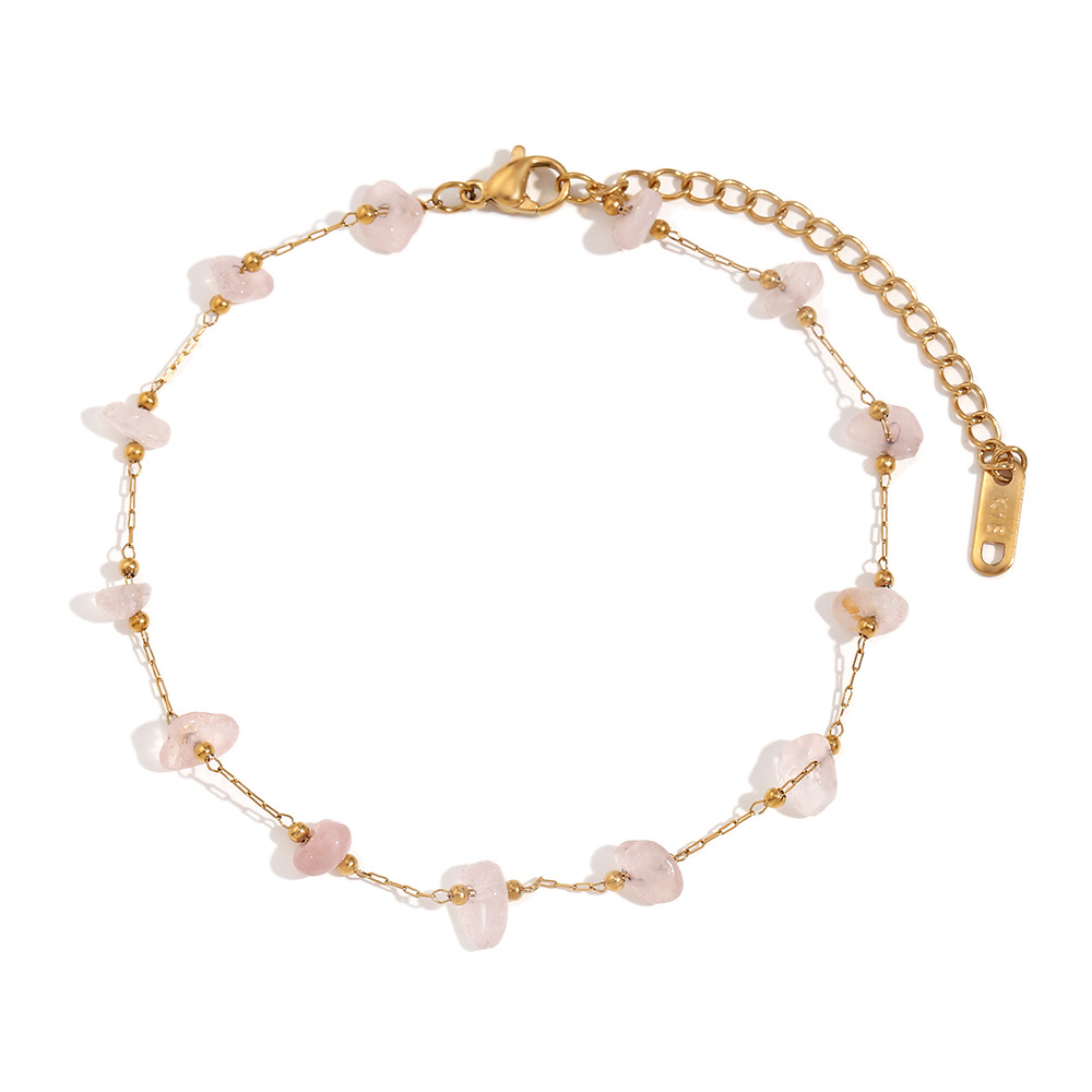 Natural gravel handmade chain anklets-gold-pink cr