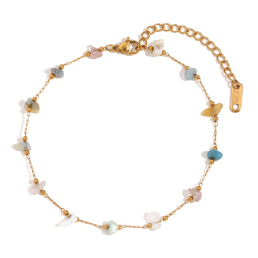 1:Natural gravel handmade chain anklet-gold-colored stone
