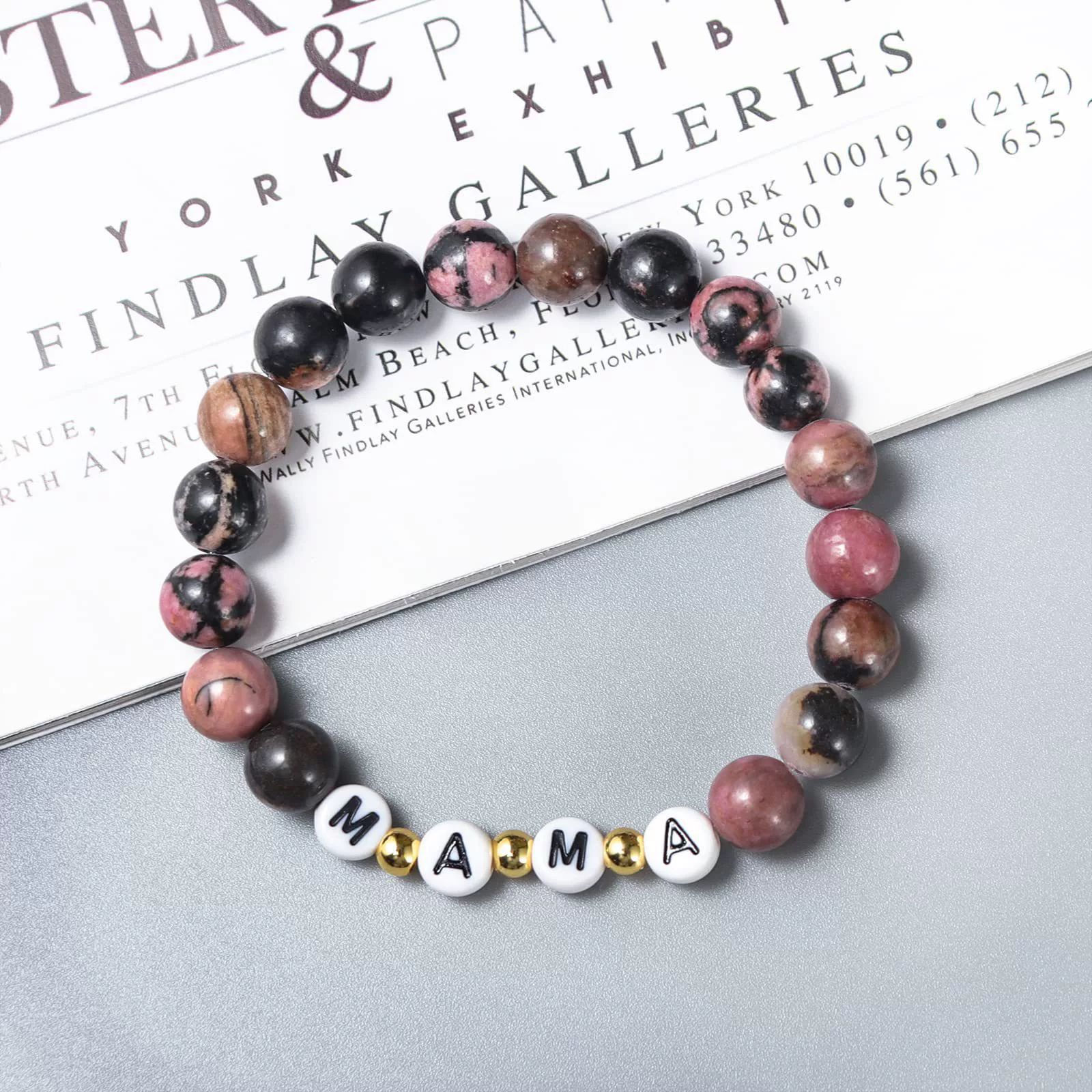 7:Rhodochrosite mama letters gold beads