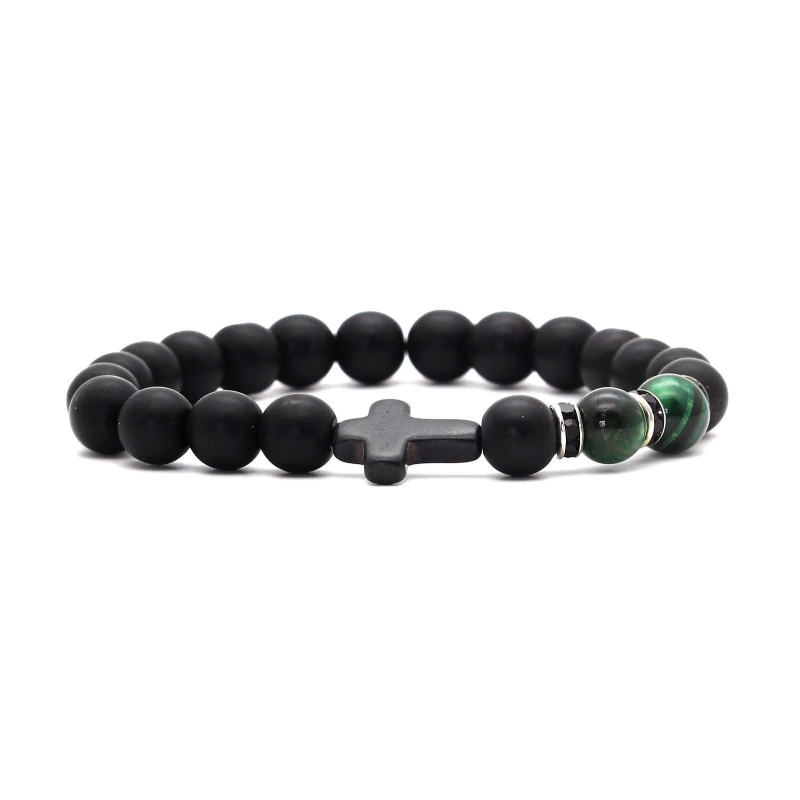 12:Green tiger eye black frosted cross bracelet