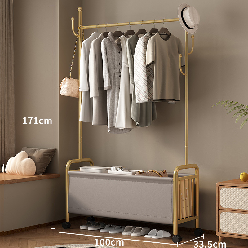 100 Wide Gold Coat Rack Grey Leather Basket