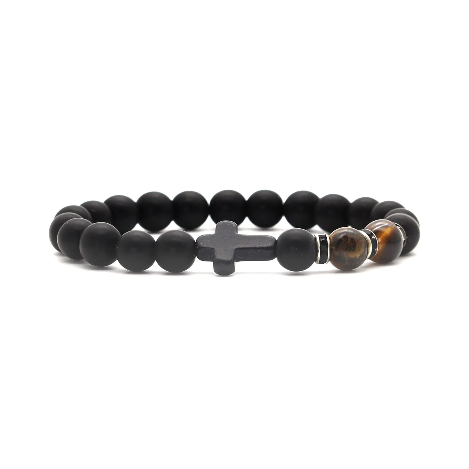Yellow tiger eye   black frosted cross bracelet