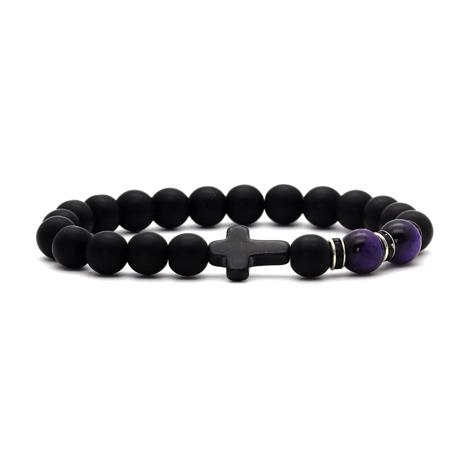 Purple tiger eye   black frosted cross bracelet