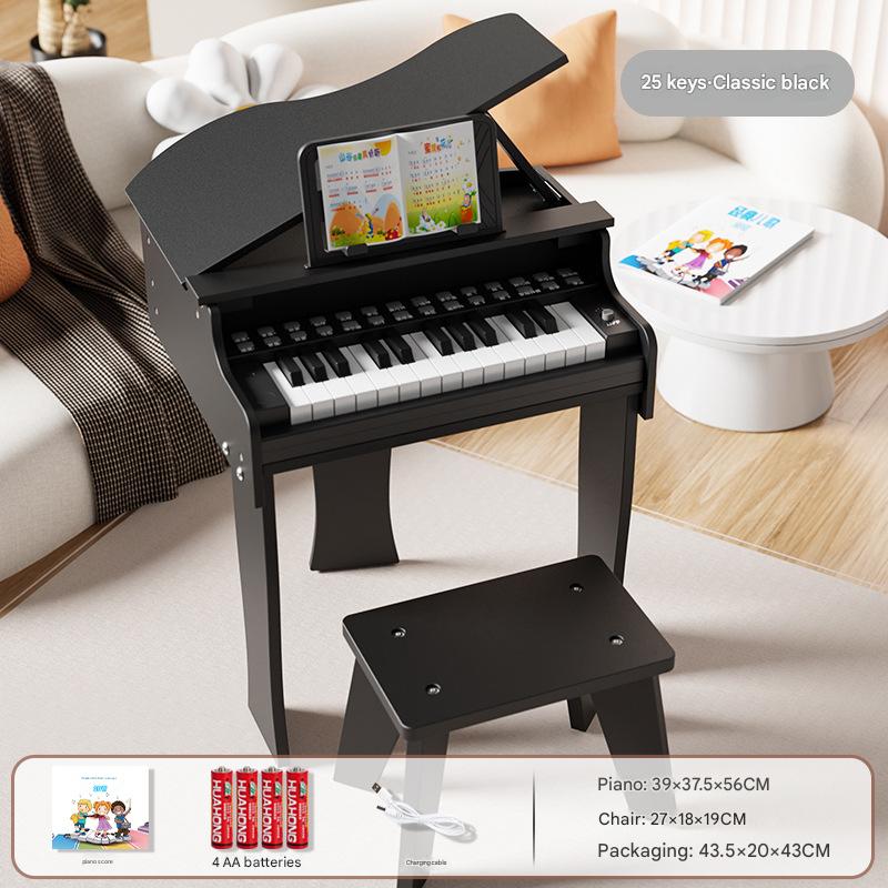 Upgraded wooden piano with triangle stool [classic black] multi-function control panel - rechargeable (sheet music   piano stickers)