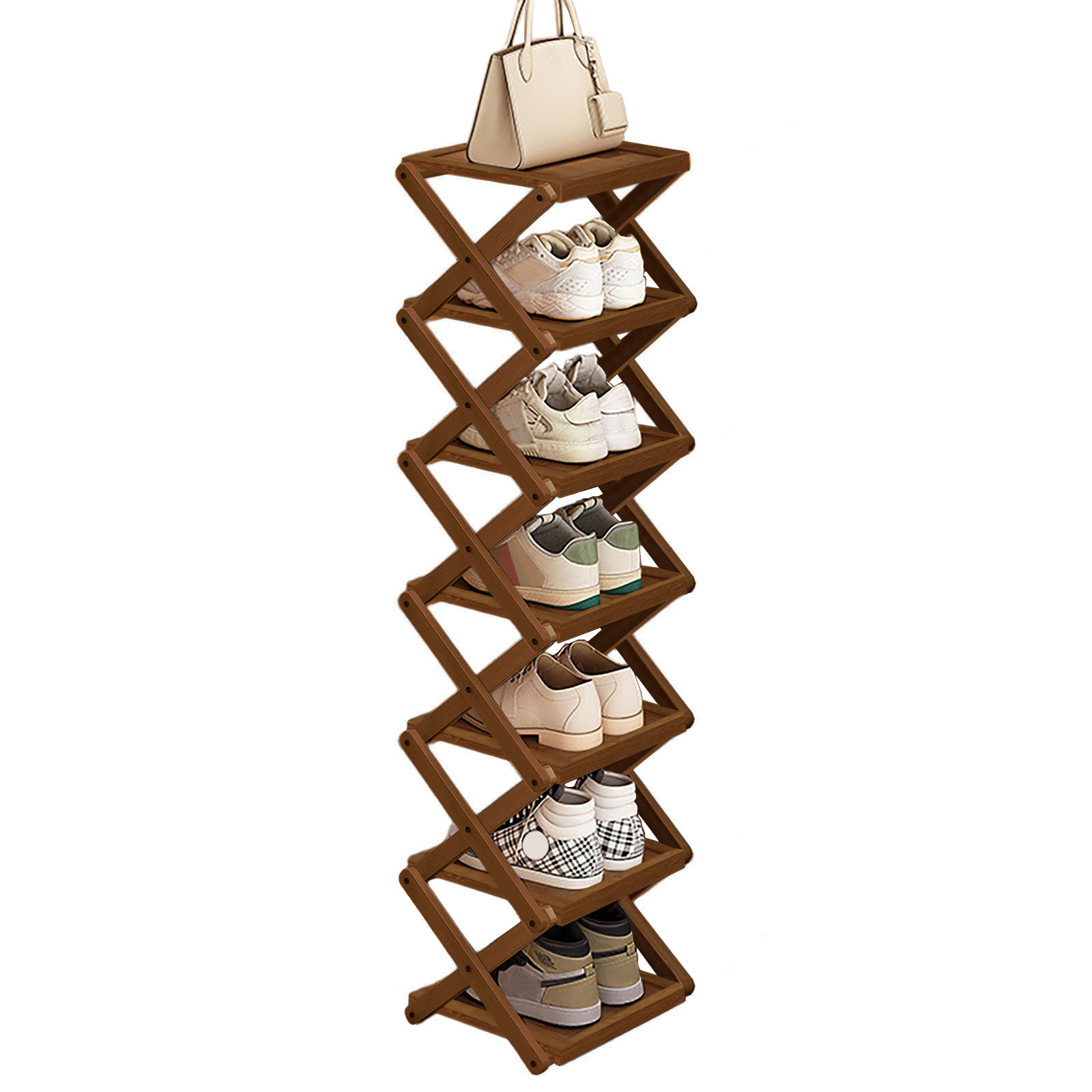 Brown flat folding shoe rack, 7 layers, 25