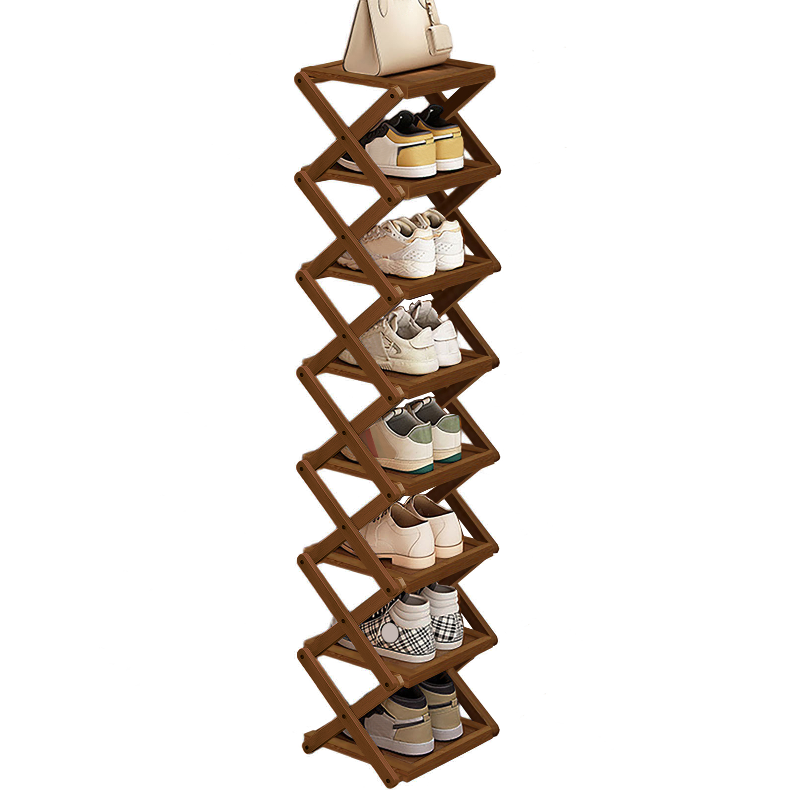 Brown flat folding shoe rack, 8 layers, 26