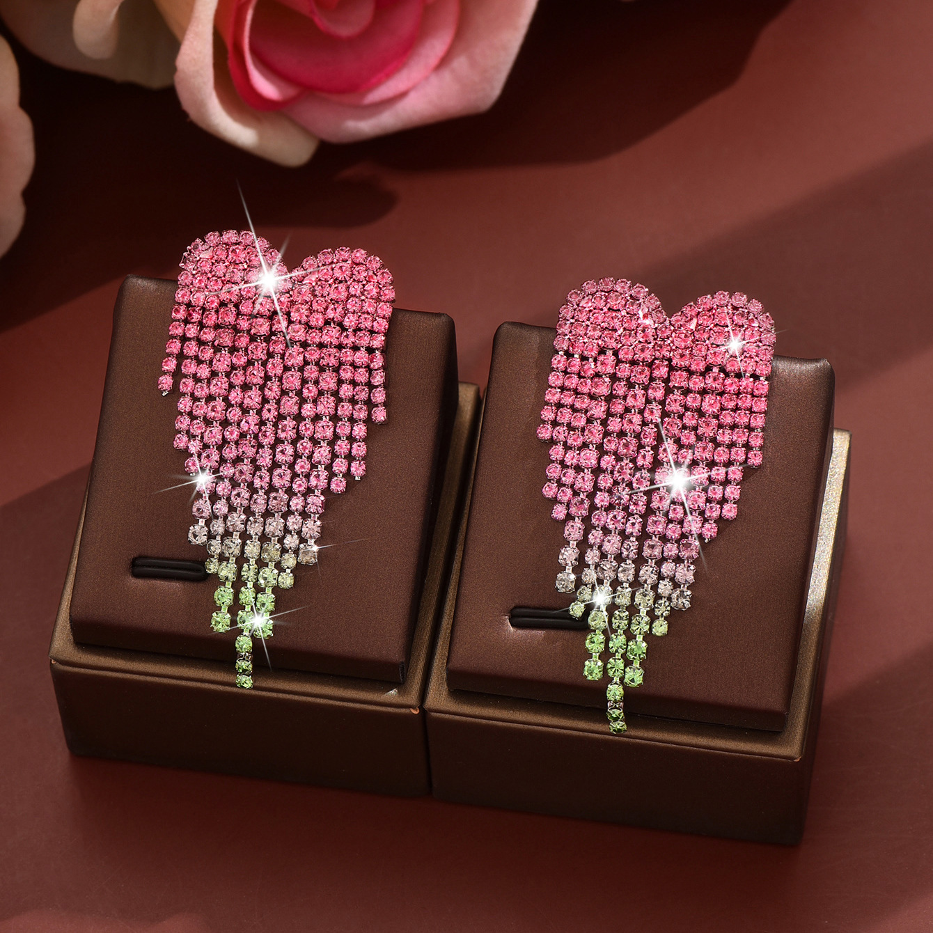 1:rose red and green earrings