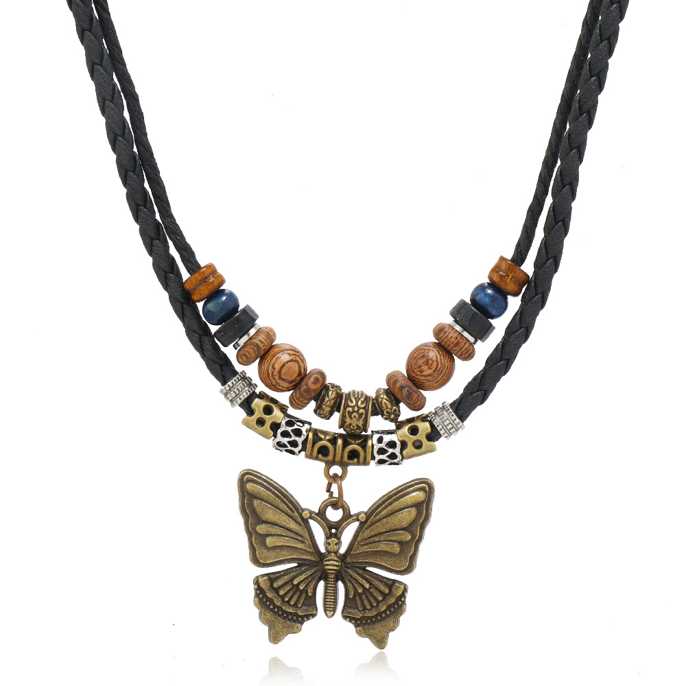 Black leather rope butterfly pendant