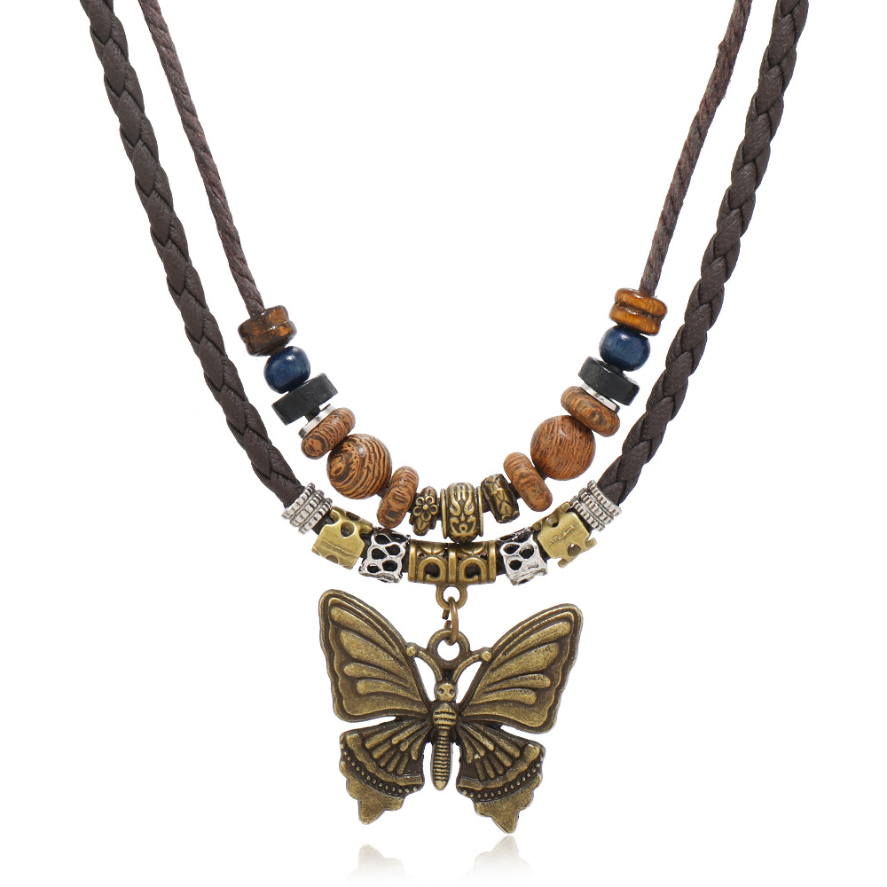 2:Brown leather rope butterfly pendant
