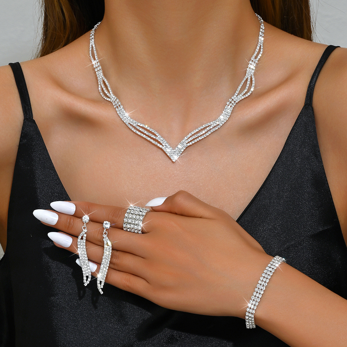 5:472599424-5 silver necklace earrings bracelet ring