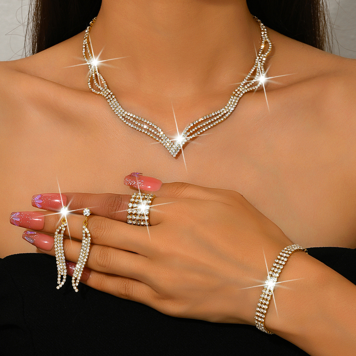 6:472599 424-5 gold necklace earrings bracelet ring 5 rows