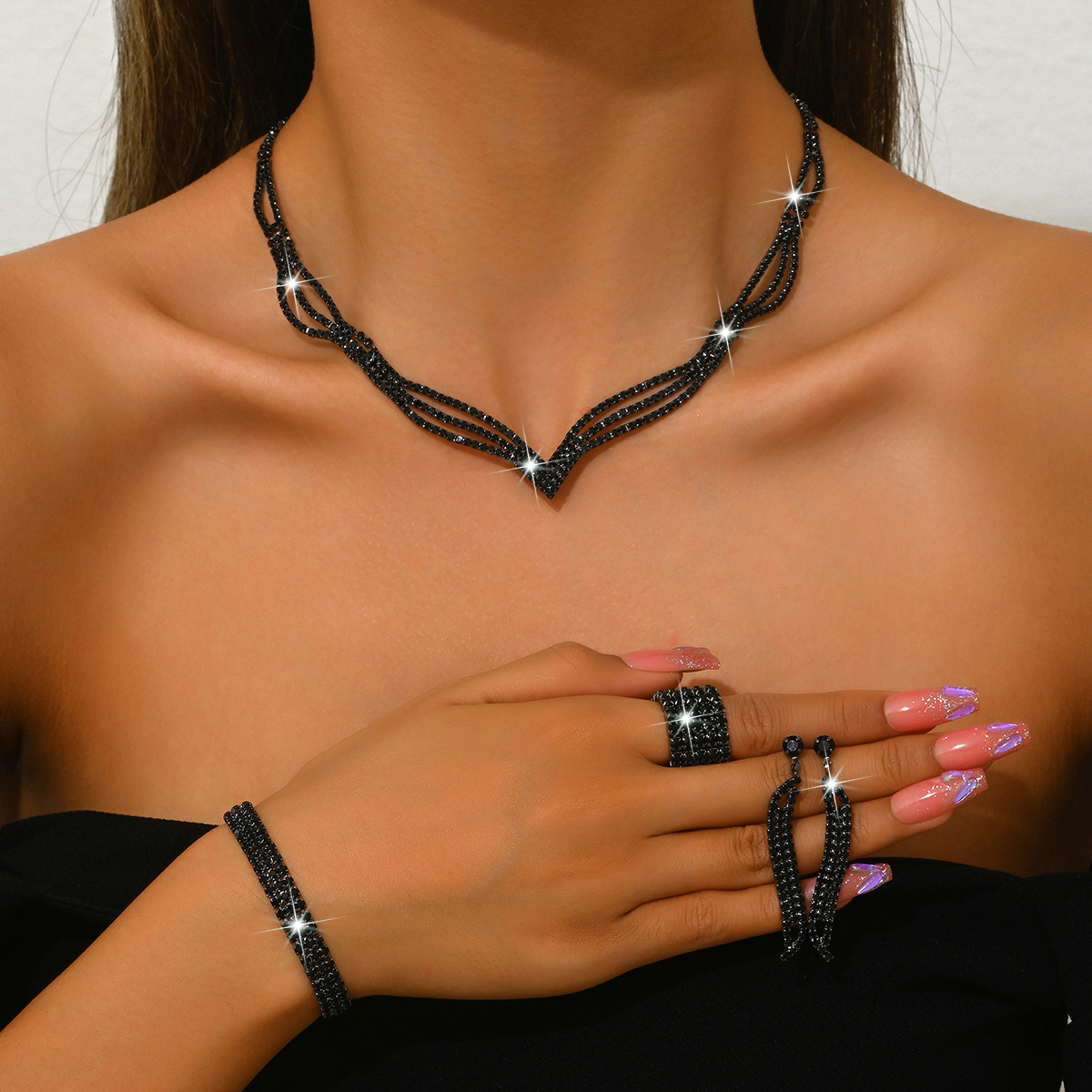 7:472 599 424-5 black necklace earrings bracelet lobster clasp ring 5 rows