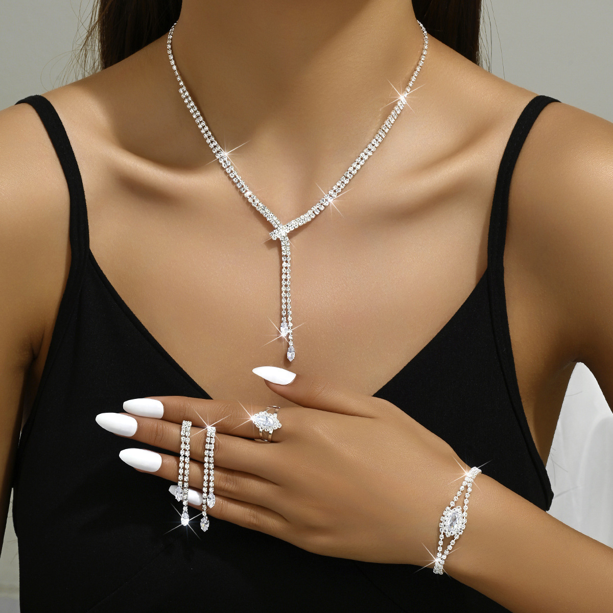 3:C silver necklace earrings bracelet ring