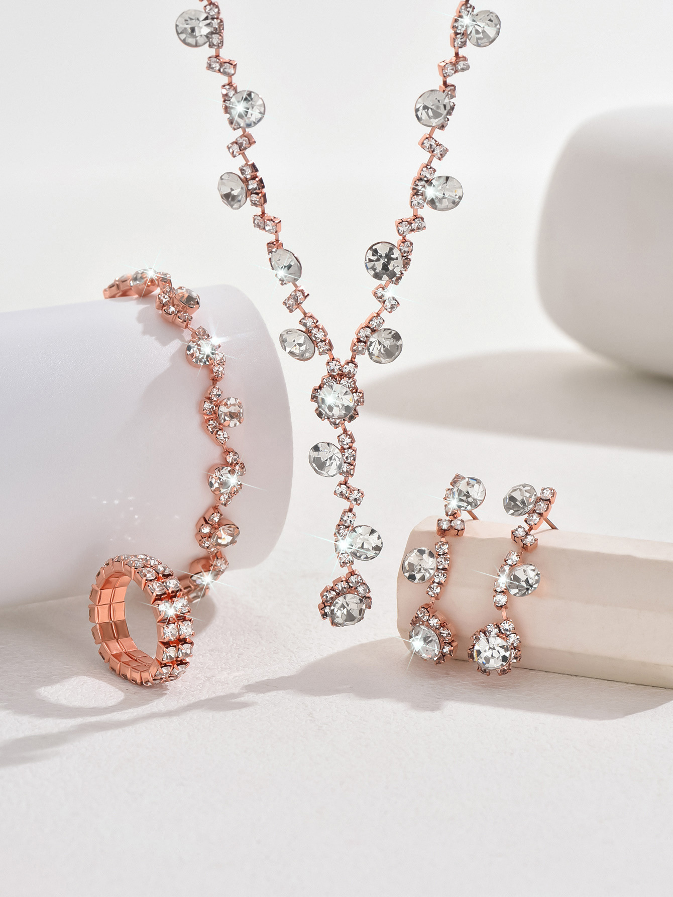 3:C rose gold necklace earrings bracelet ring 2 rows