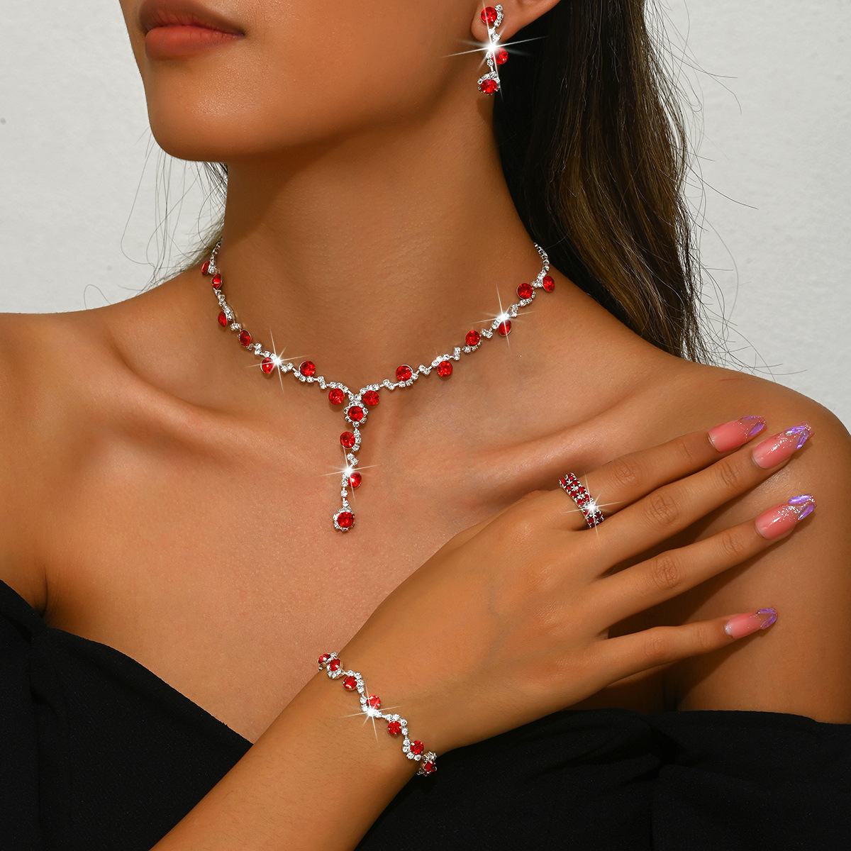 4:D red necklace earrings bracelet ring 2 rows