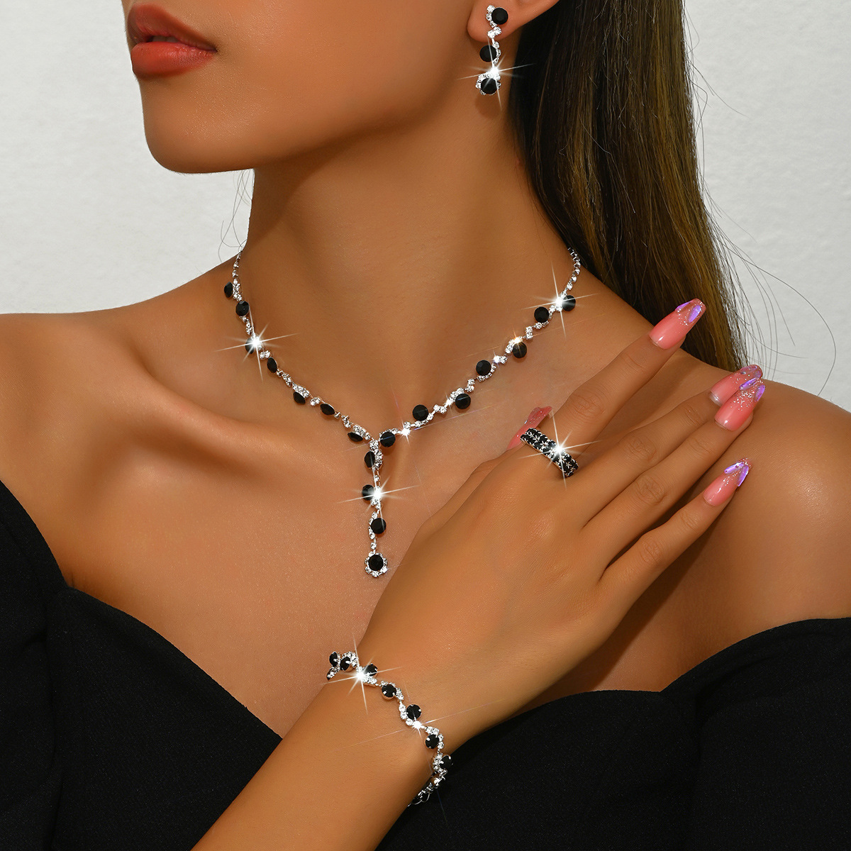 5:E black necklace earrings bracelet ring 2 rows