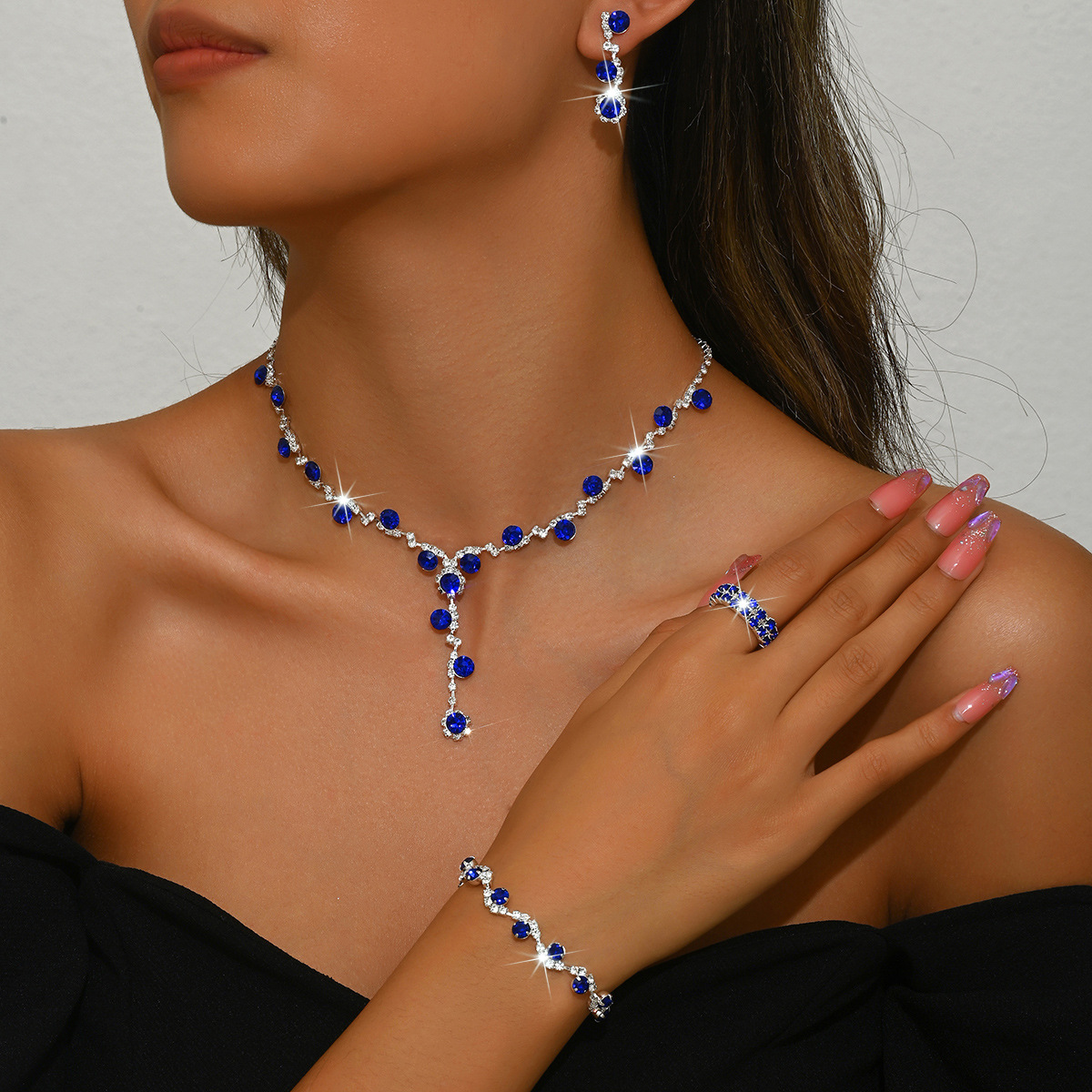 6:F sapphire blue necklace earrings bracelet ring 2 rows