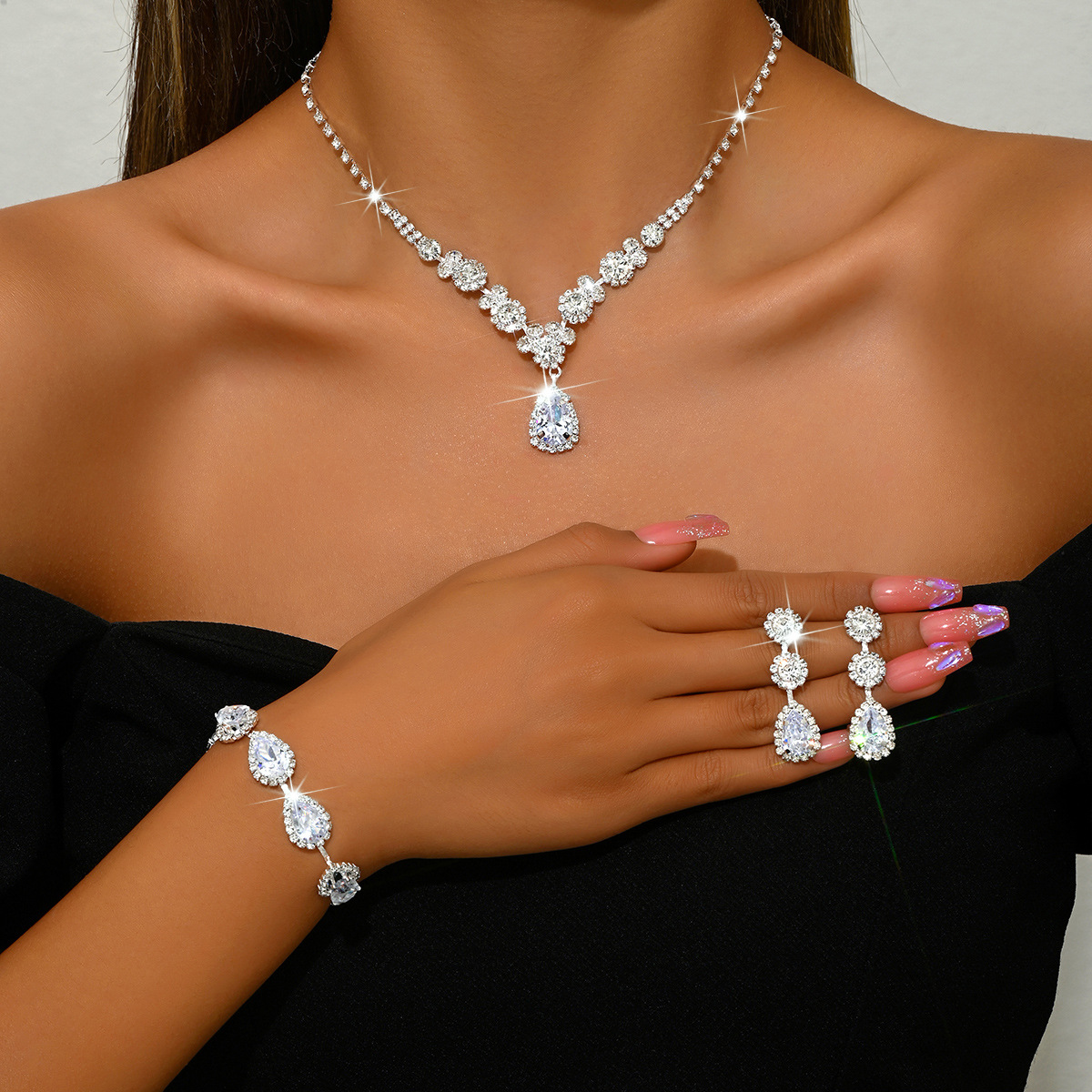 1:1544 silver white necklace earrings bracelet set