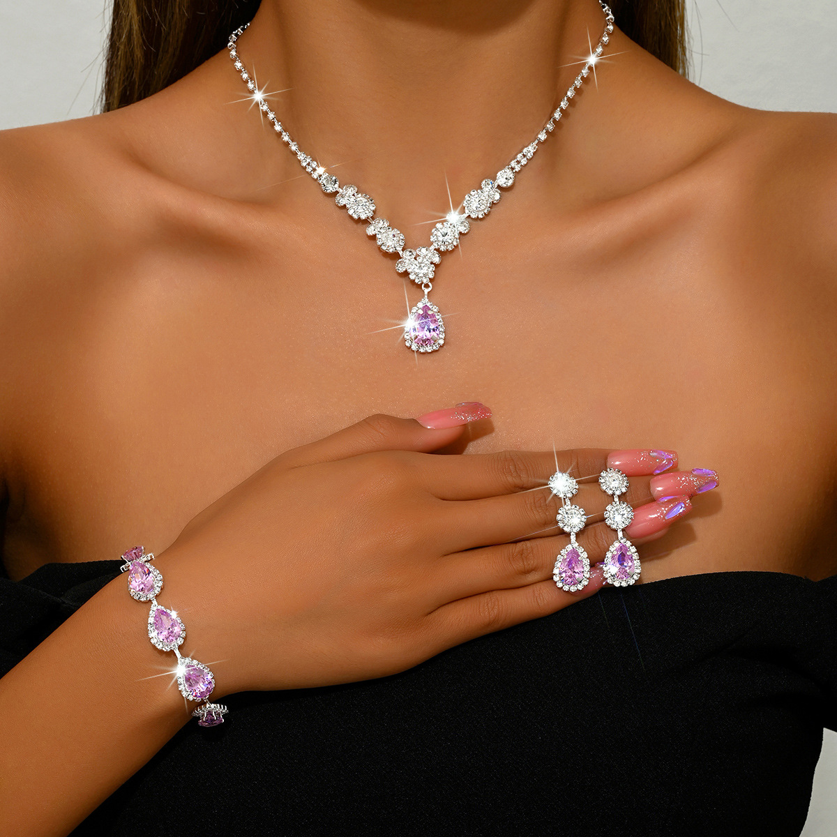 2:1544 silver pink necklace earrings bracelet set