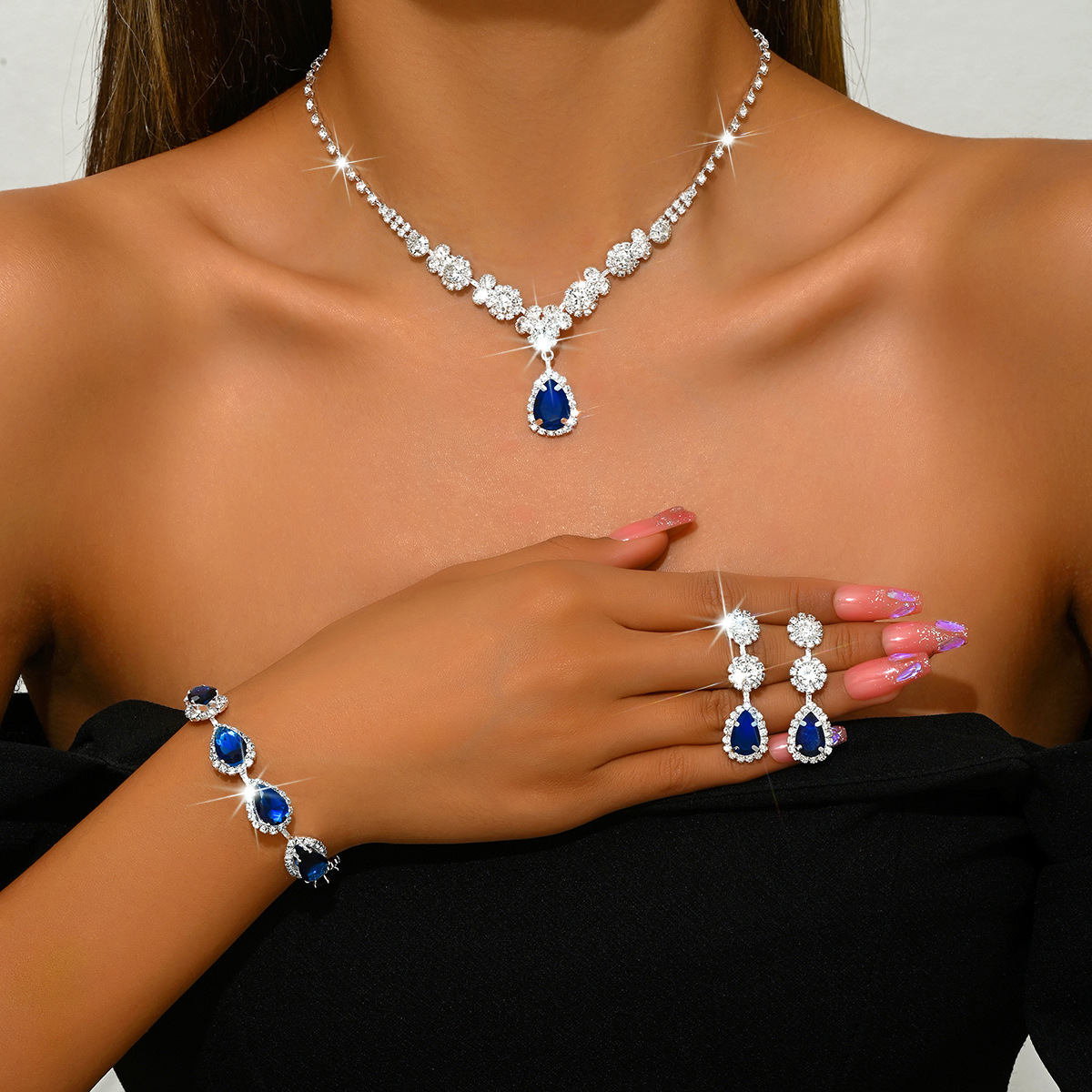5:1544 silver sapphire blue necklace earrings bracelet set