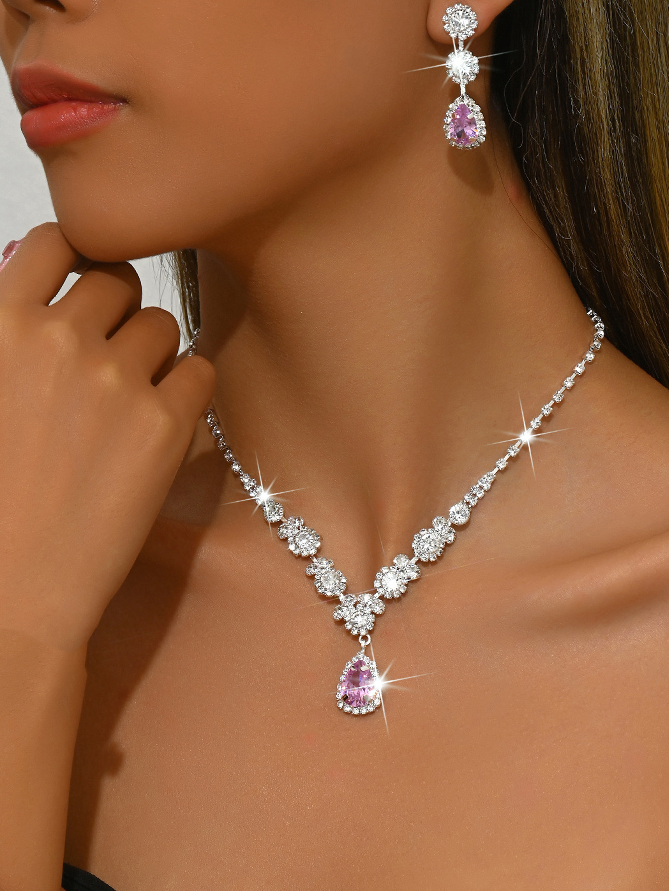 7:1544 silver pink necklace earrings