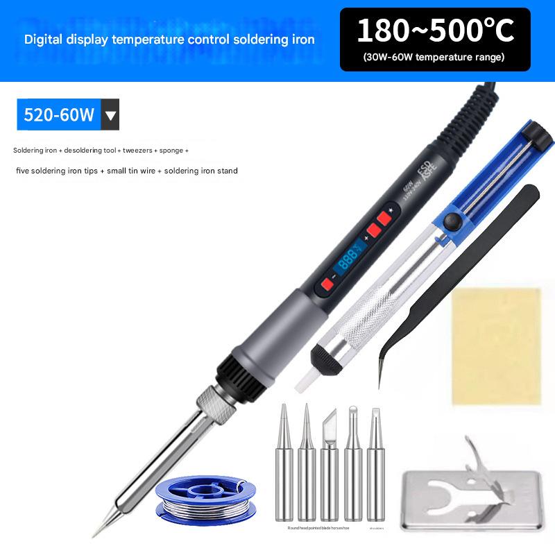 520 digital display soldering iron   tin gun   curved tweezers   5 heads   sponge   10 grams of tin wire   simple stand