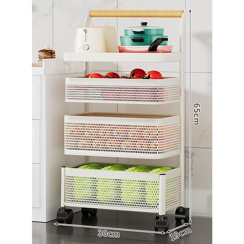 4-layer white x wooden handle trolley - removable mesh basket [carbon steel material]