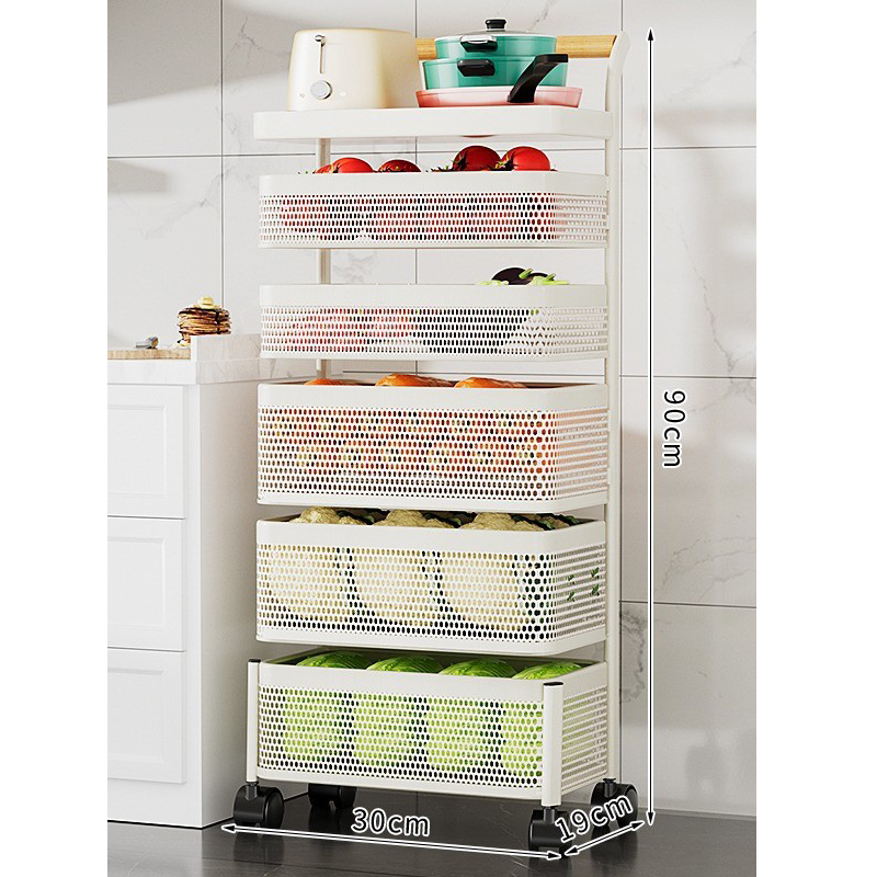 6-layer white x wooden handle trolley - removable mesh basket [carbon steel material]