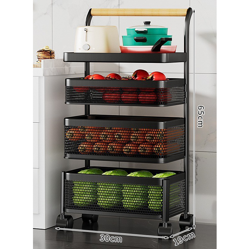 4-layer black x wooden handle trolley - removable mesh basket [carbon steel material]