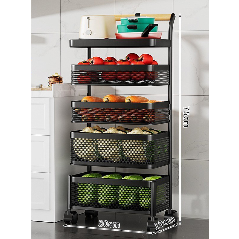 5-layer black x wooden handle trolley - removable mesh basket [carbon steel material]