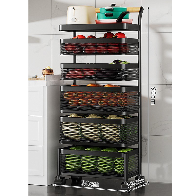 6-layer black x wooden handle trolley - removable mesh basket [carbon steel material]