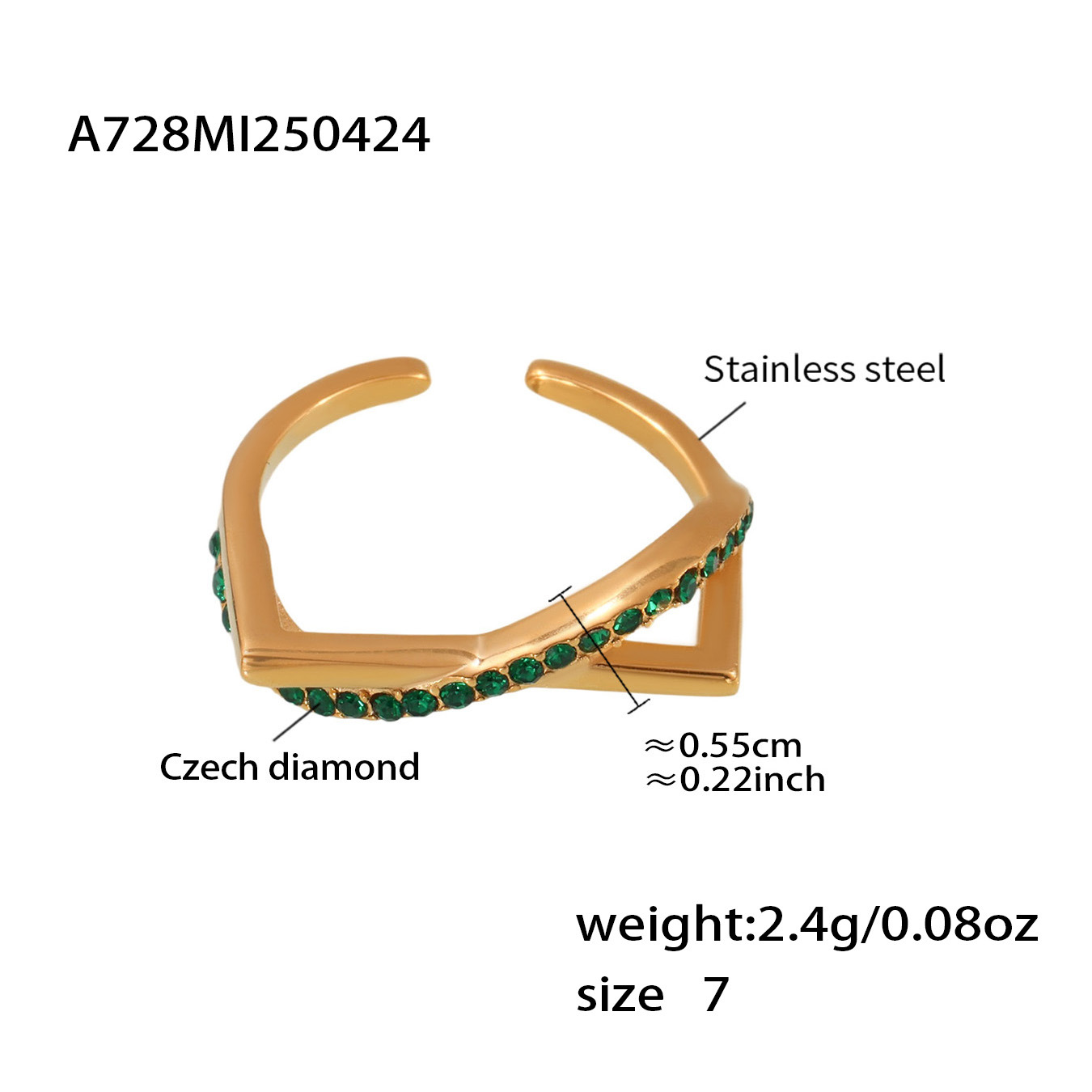 A728-gold green rhinestone ring