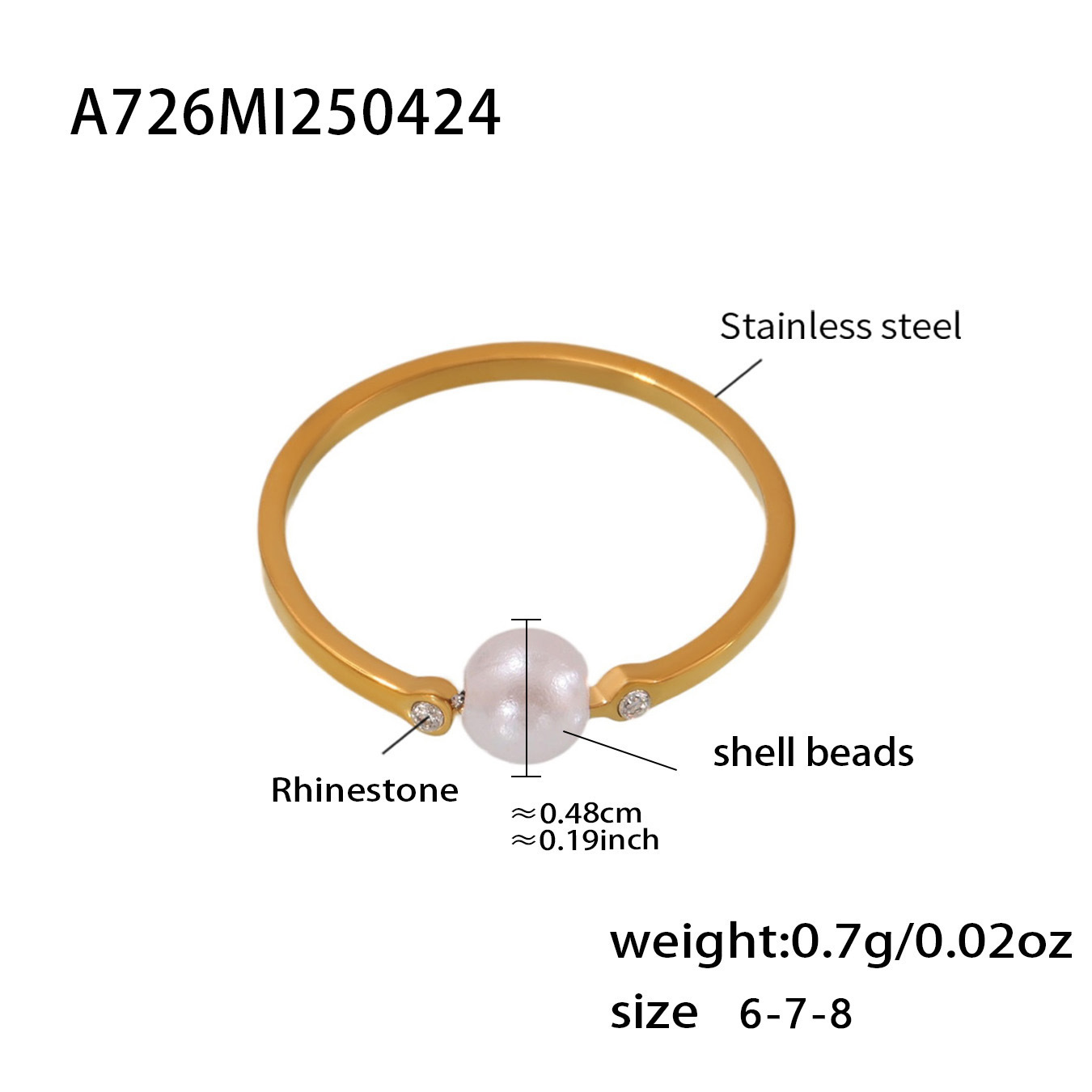 1:A726-gold white diamond shell bead ring no. 6