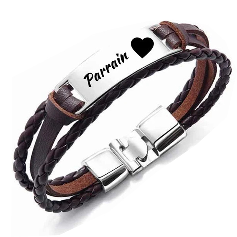 4:brown leather rope steel plate Parrain lettering