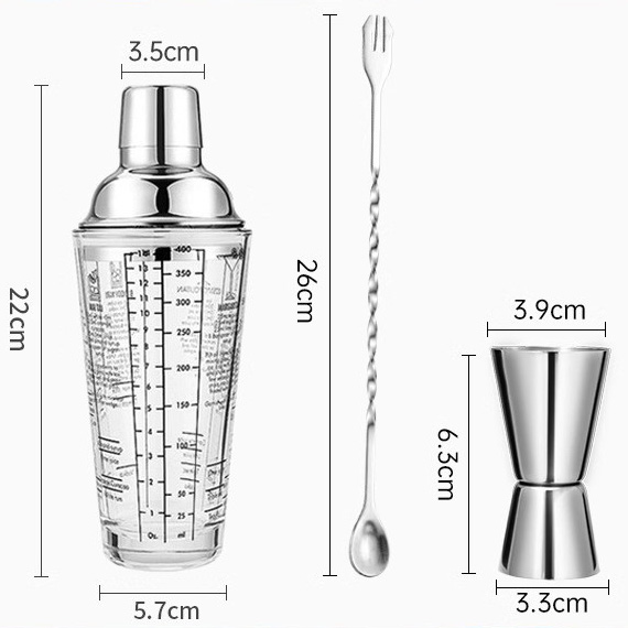 [3-piece set] 400ml glass shaker steel measuring cup bar spoon