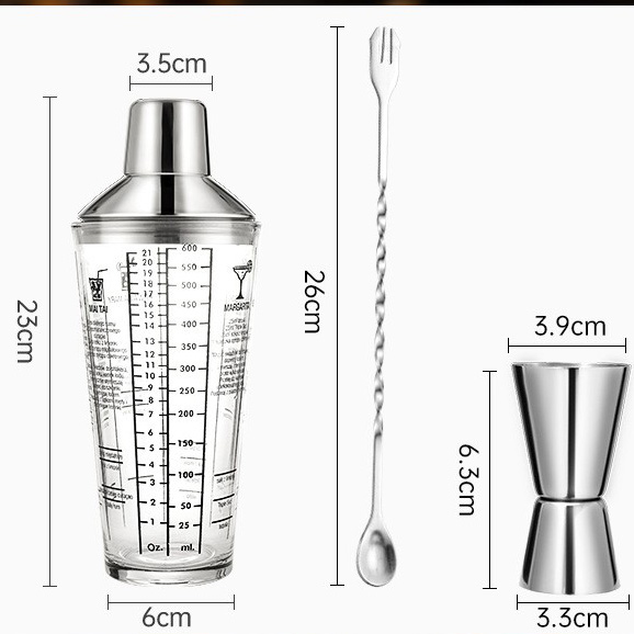 [3-piece set] 600ml glass shaker steel measuring cup bar spoon