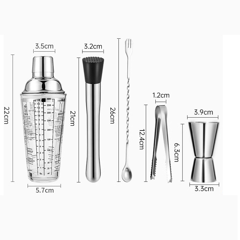 [5-piece set] 400ml glass shaker crushed popsicle  bar spoon   ice clip   steel measuring cup