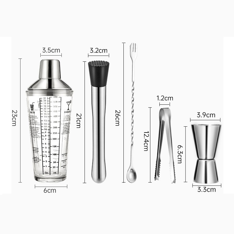 [5-piece set] 600ml glass shaker   crushed popsicle   bar spoon  ice clip  steel measuring cup