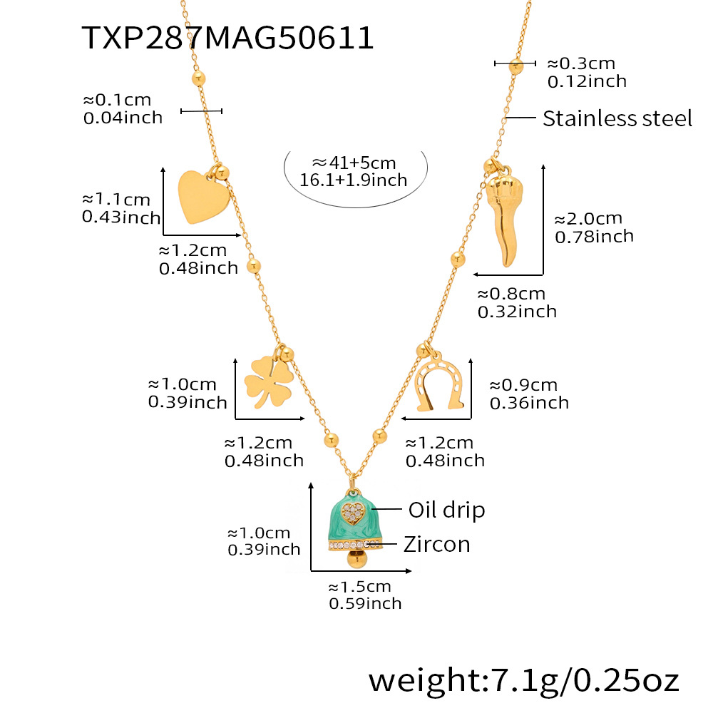 Txp287-gold green bell enamel necklace 41 5cm