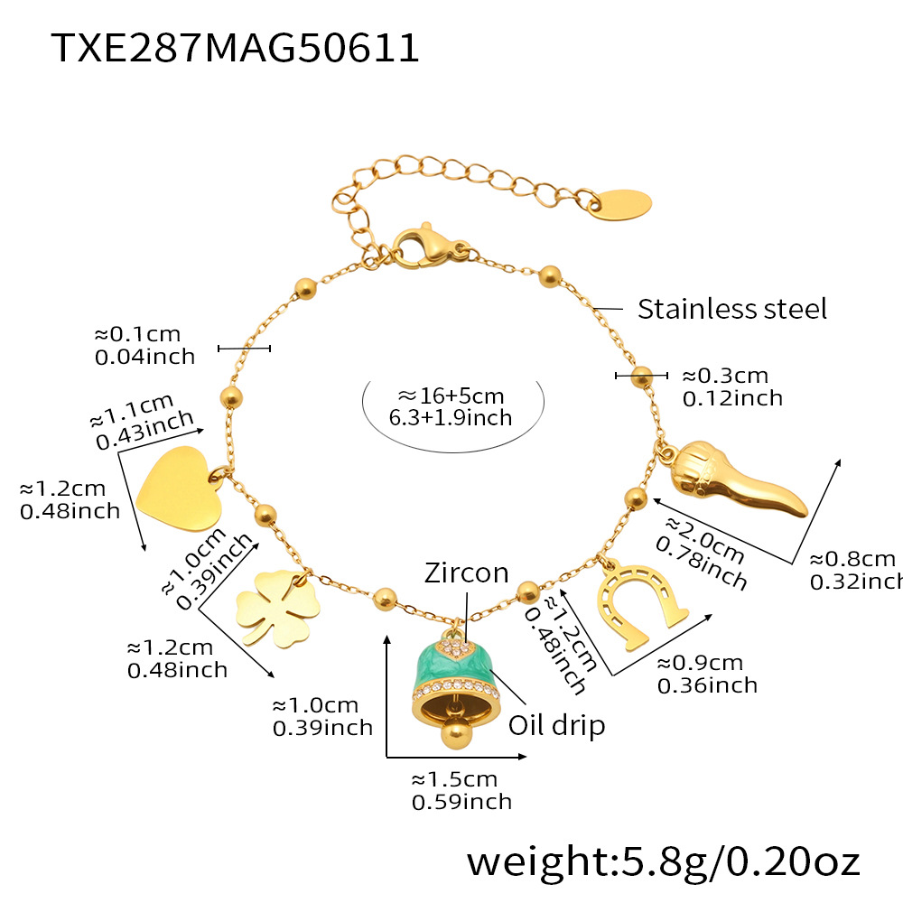 12:Txe287-gold light green bell enamel bracelet 16 5cm